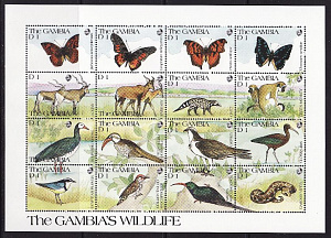 Гамбия, 1991, Фауна, Птицы, Бабочки, 3 листа